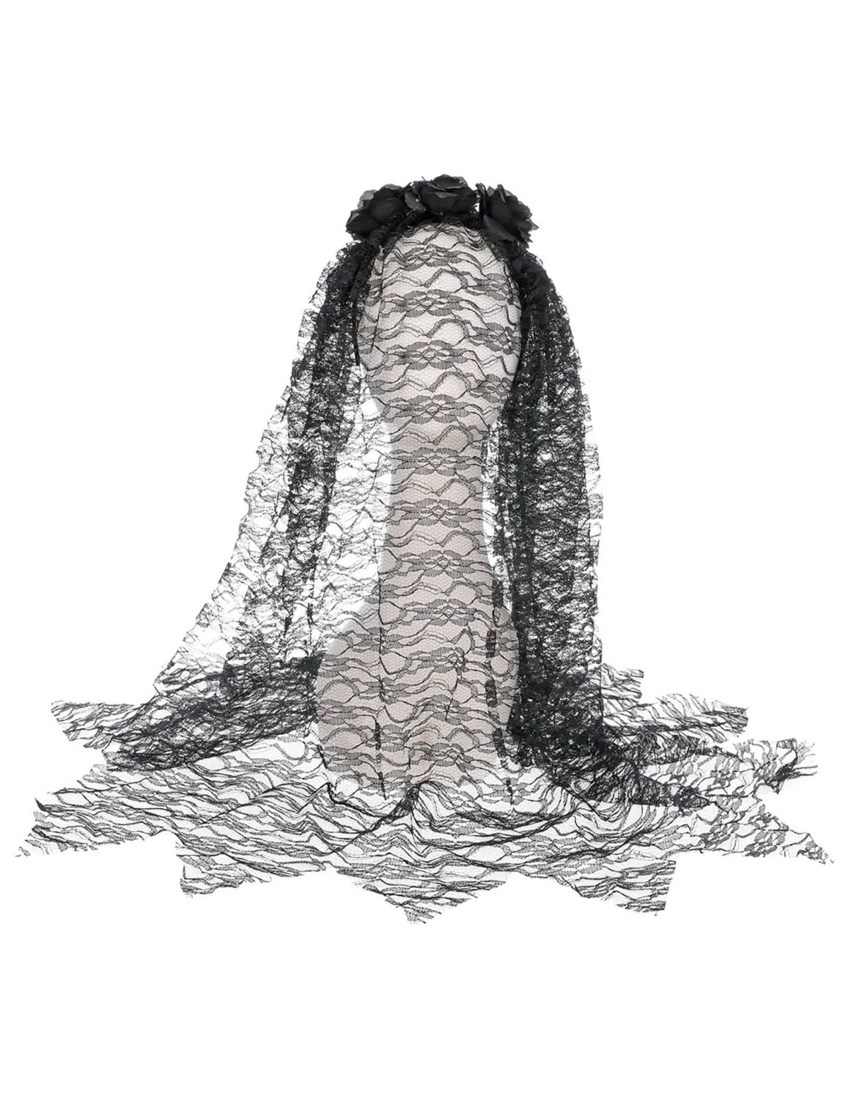 Détail du drapé de la dentelle du voile long veuve noire