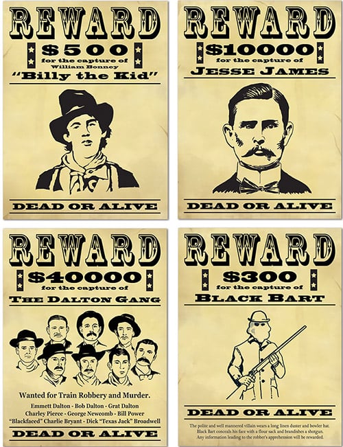 Affiches de récompense Bandits américains pour décoration noir et beige effet vintage