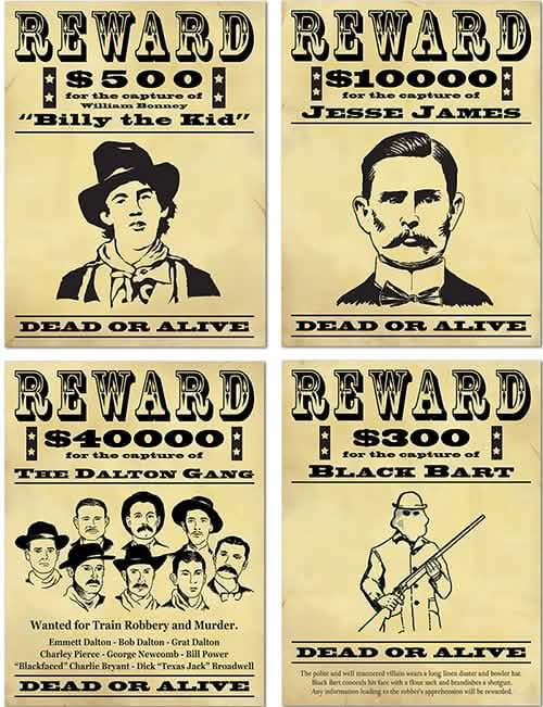 Cartazes de recompensa Bandits americanos para decoração preto e bege efeito vintage