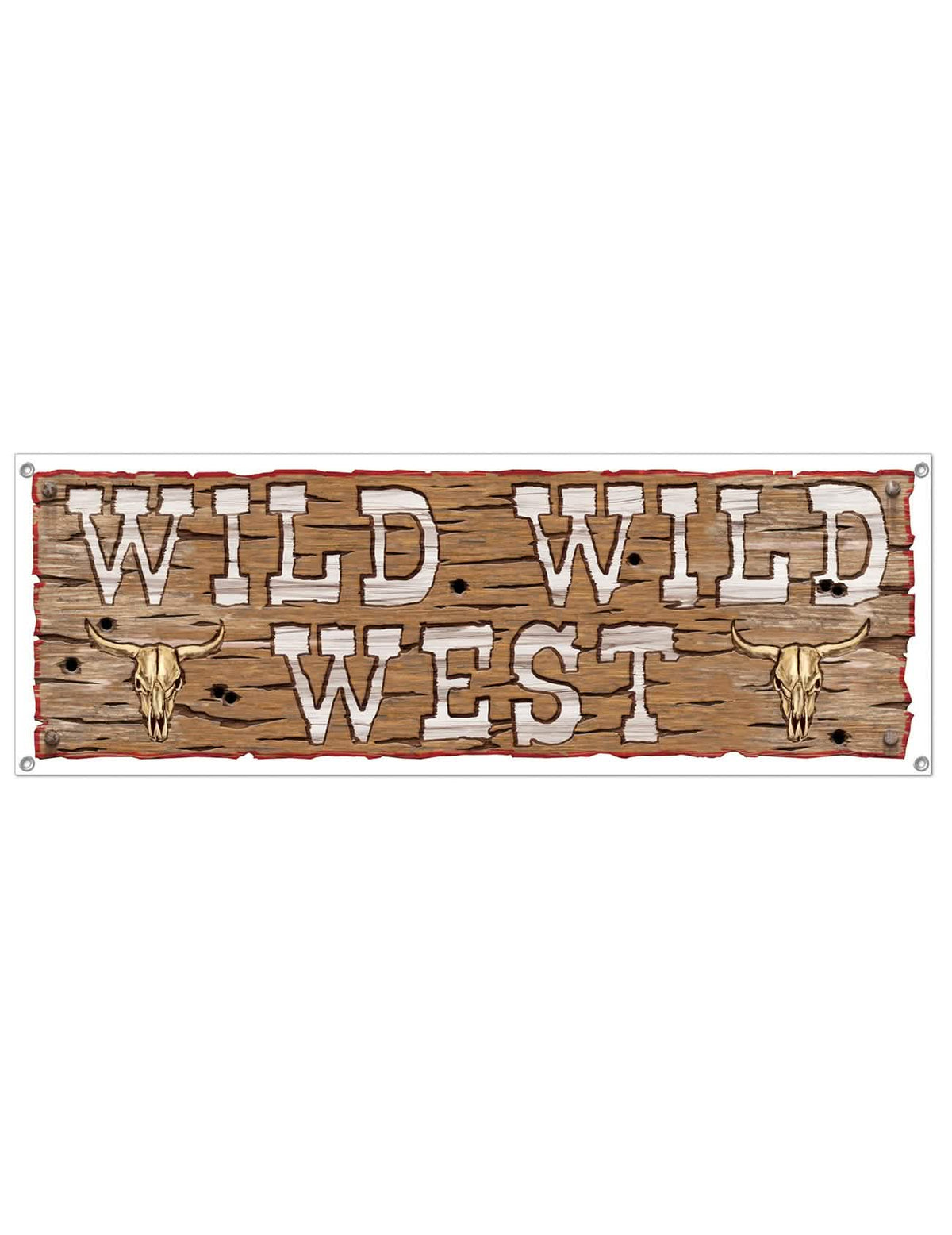 Faixa em plástico Wild Wild West para festa com motivo de madeira e crânios de búfalo