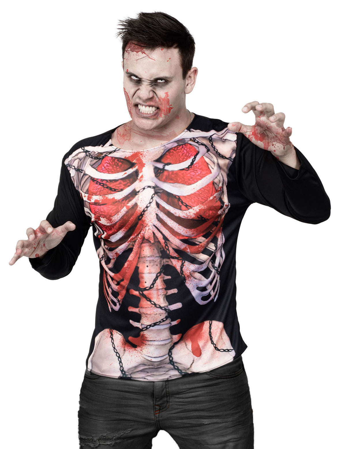 T-shirt zombie squelette Halloween pour homme noir avec impression cage thoracique ensanglantée