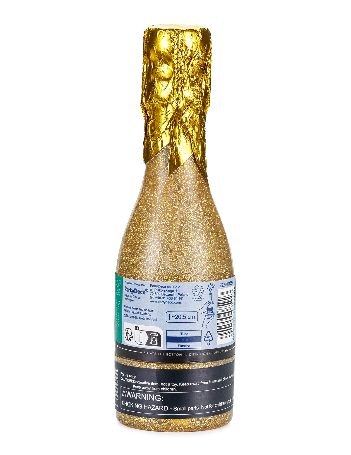 Détail des informations au dos du canon à confettis champagne doré métallisé