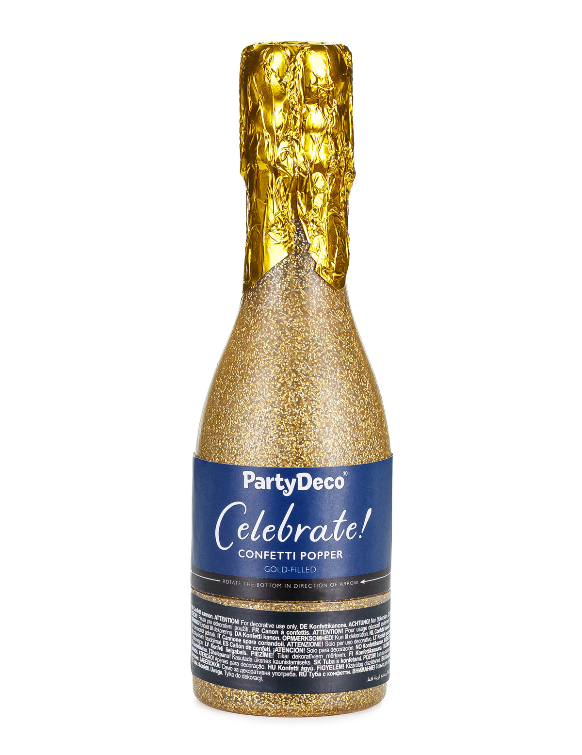 Vue de face du canon à confettis champagne doré métallisé