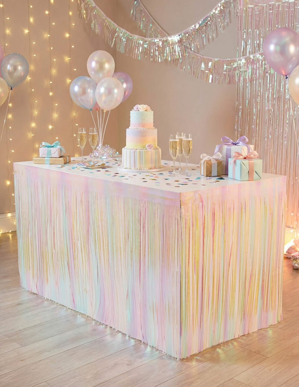 Saia de mesa com franjas irisadas para festa pastel multicores