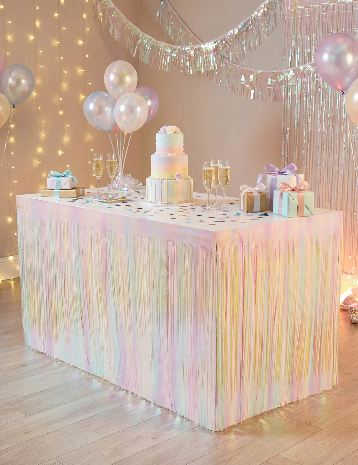 Saia de mesa com franjas irisadas para festa pastel multicores