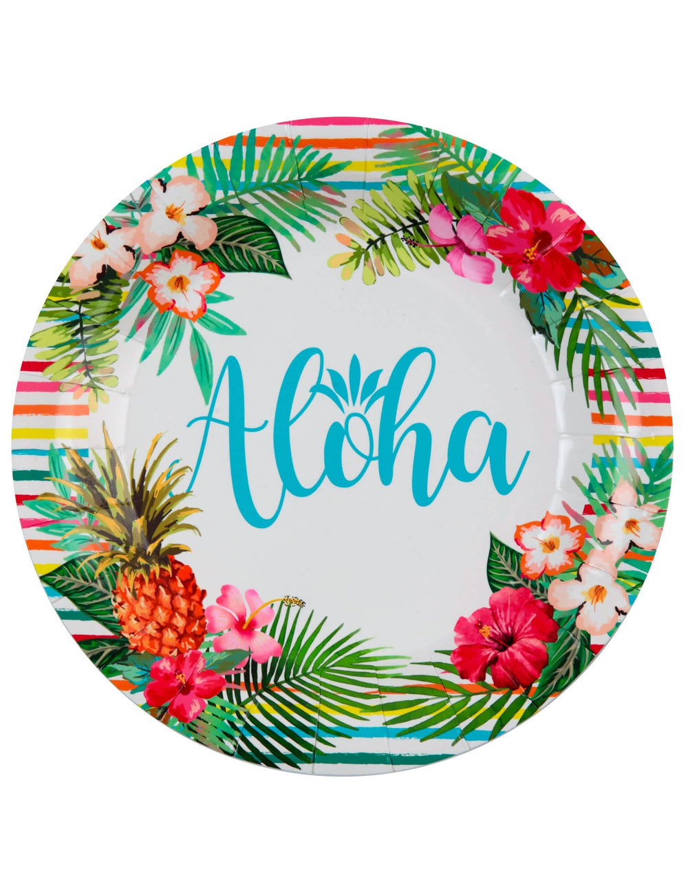 pratos de cartão Aloha para festa com motivos tropicais com flores e ananases