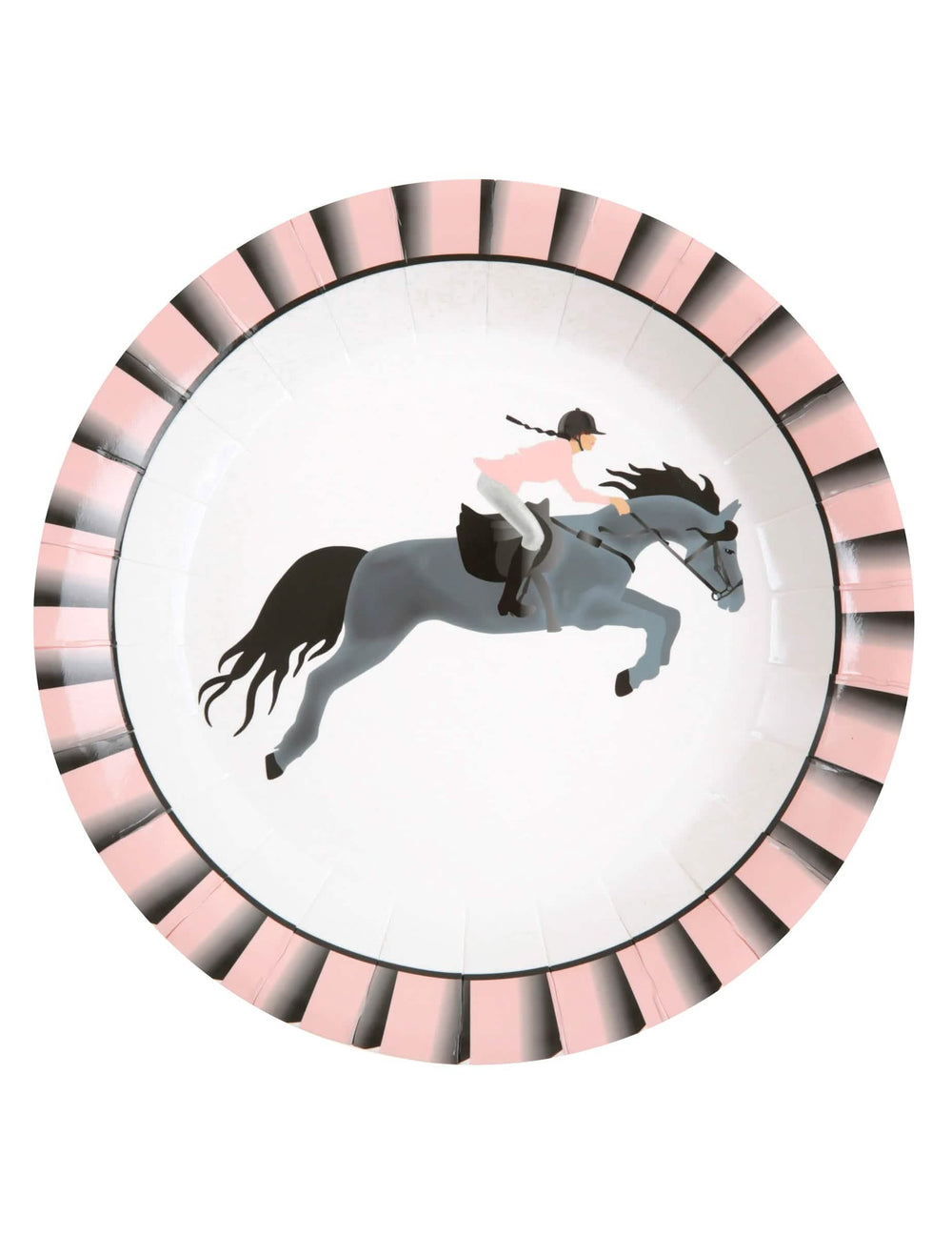 pratos de cartão equitação para criança cor de rosa com borda às riscas e motivo de cavalo