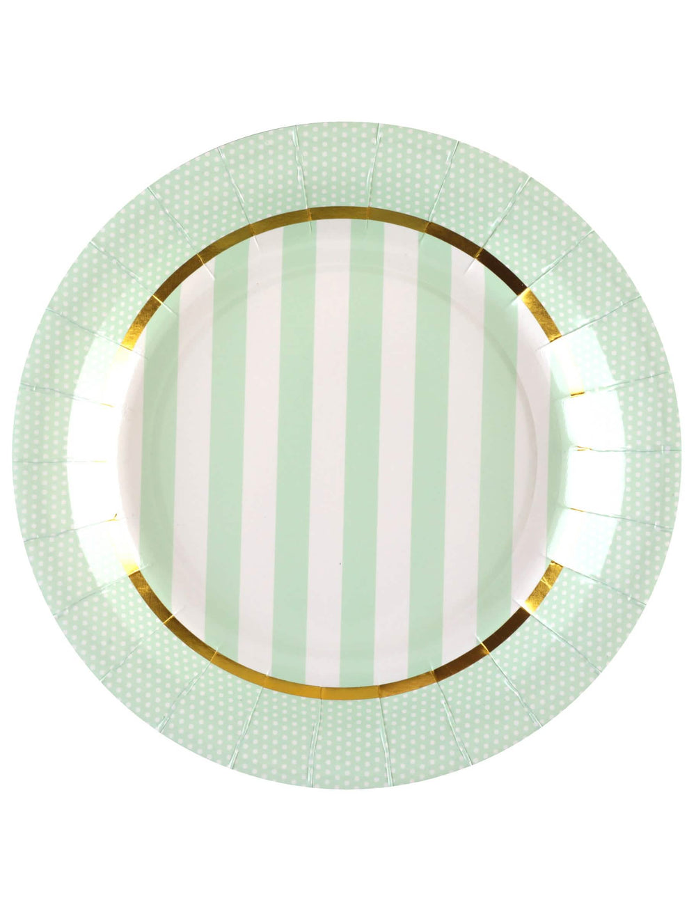 pratos de cartão baby shower menta às riscas e às bolas com borda dourada