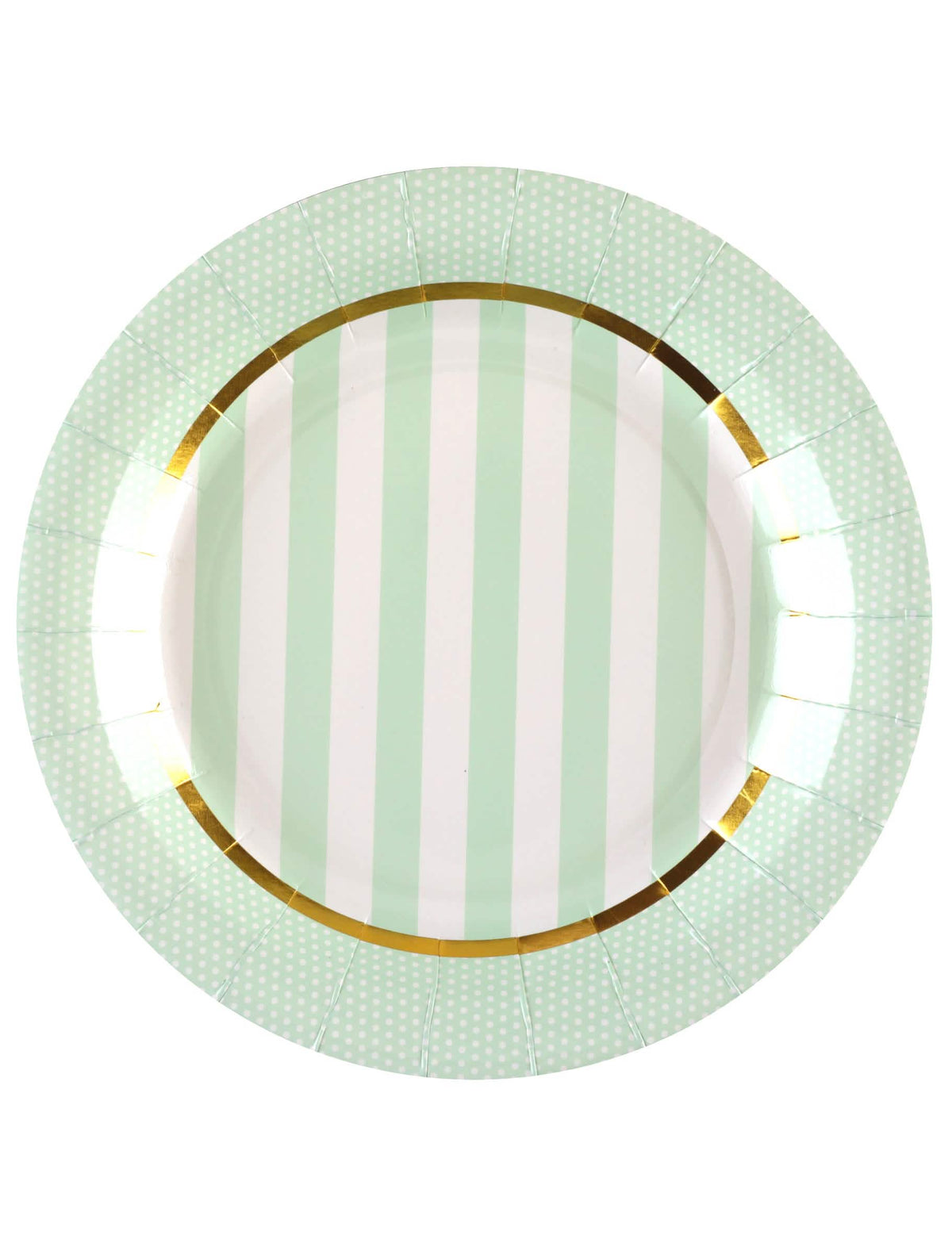 pratos de cartão baby shower menta às riscas e às bolas com borda dourada
