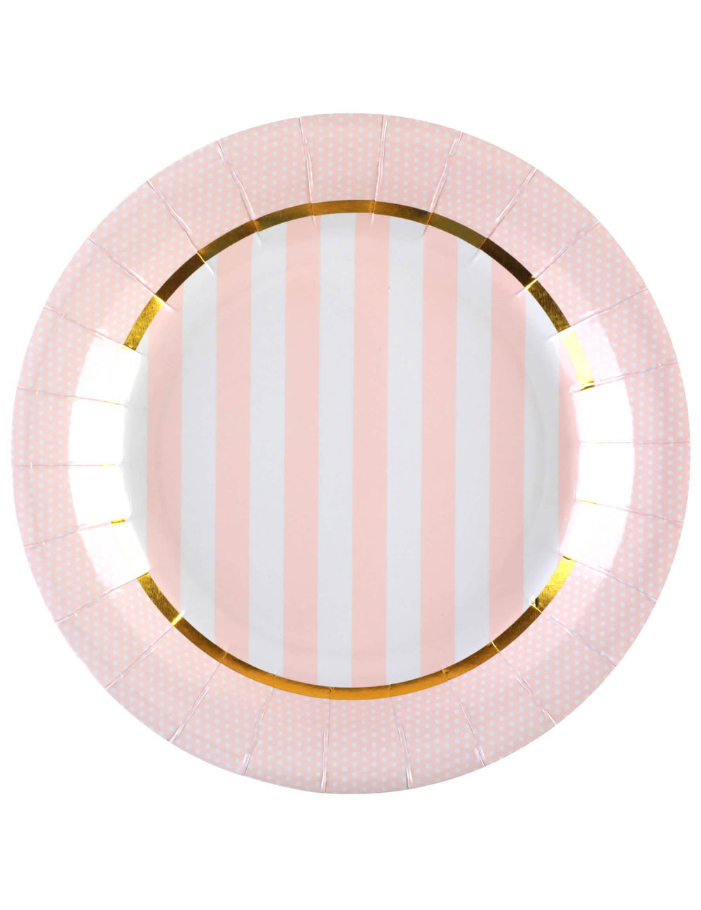 pratos de cartão para baby shower, para festa, cor-de-rosa com riscas e bolinhas com rebordo dourado