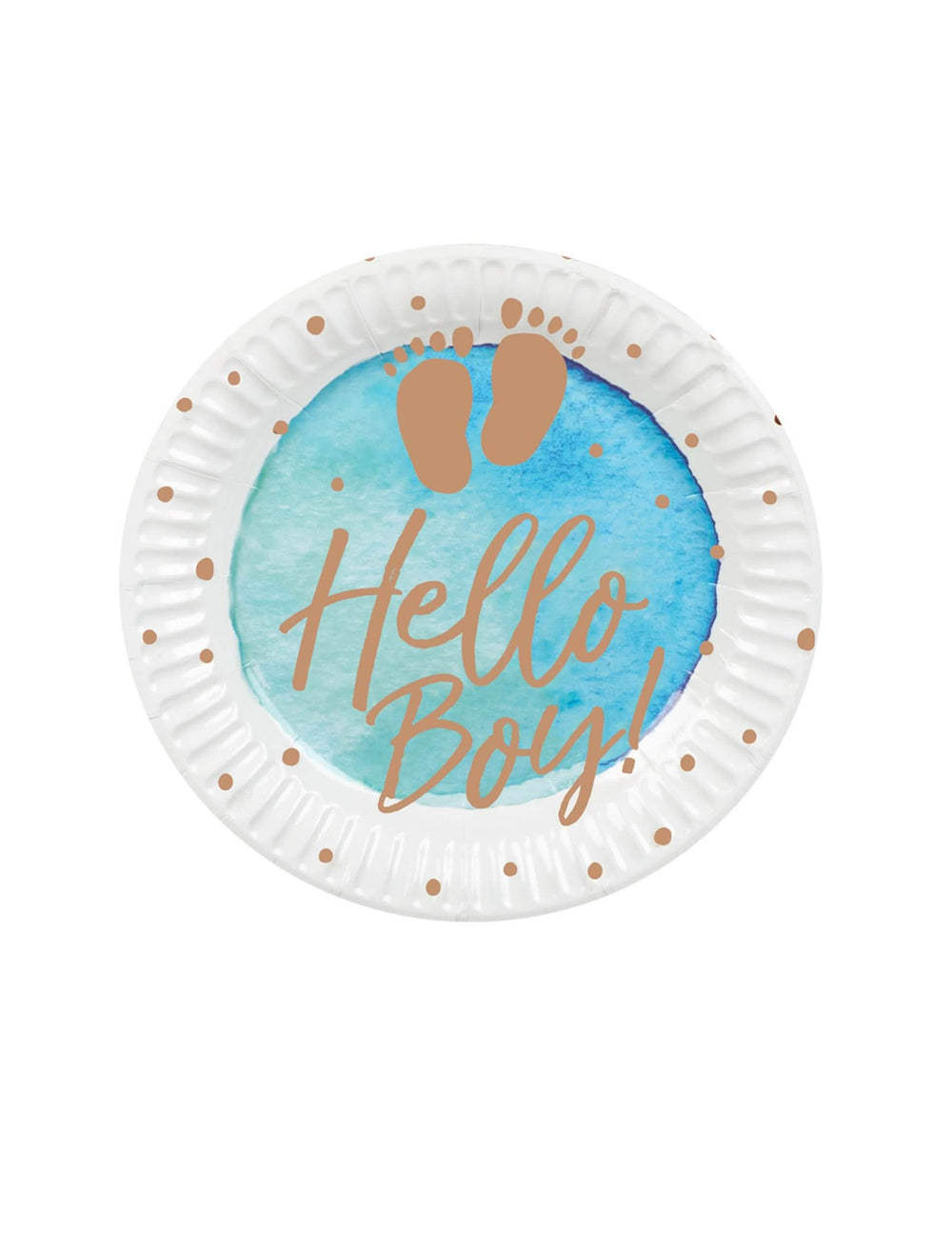 pratos de cartão Hello Boy para baby shower azul e dourado