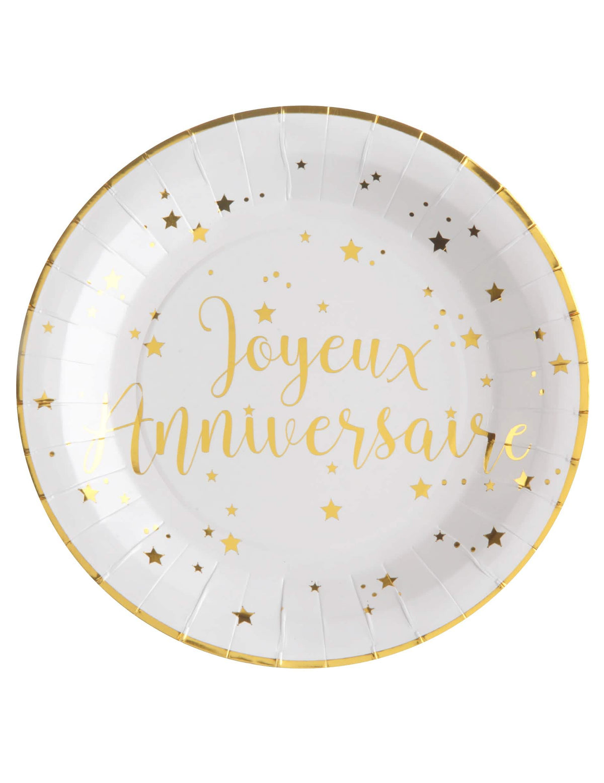 pratos de cartão Joyeux anniversaire para festa branco e dourado com estrelas