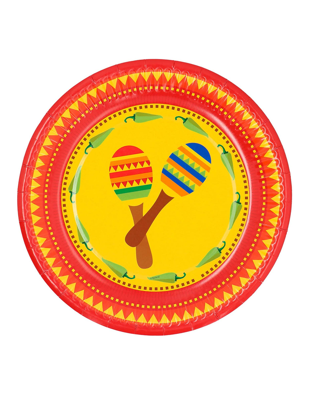 pratos mexicanos para festa amarelos e vermelhos com maracas e pimentos