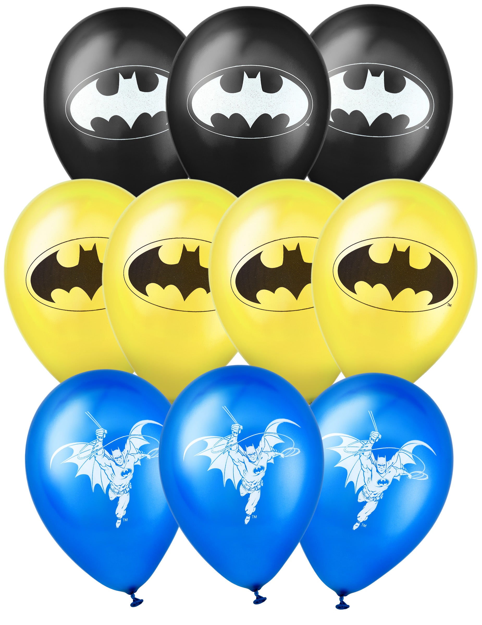 Ballons latex Batman pour anniversaire noirs jaunes et bleus