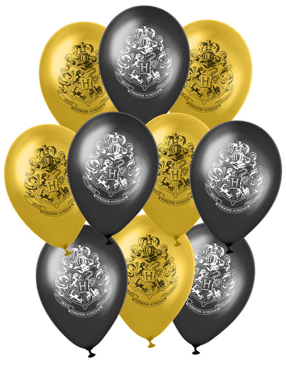 10 ballons latex Harry Potter pour fête noir et doré avec blason de Poudlard