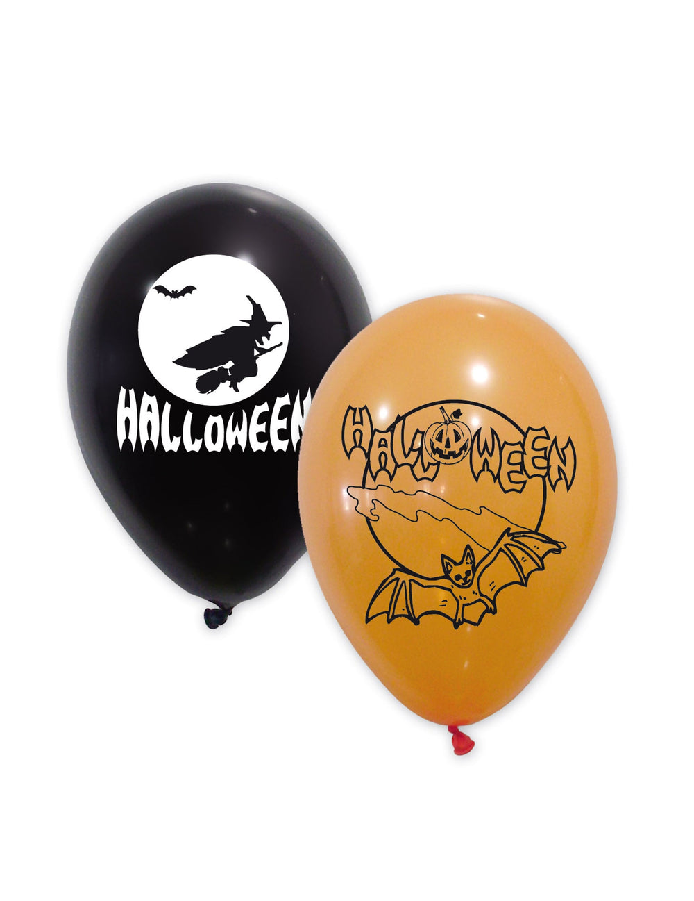 Ballons latex Halloween noirs et oranges avec motifs sorcière et chauve-souris