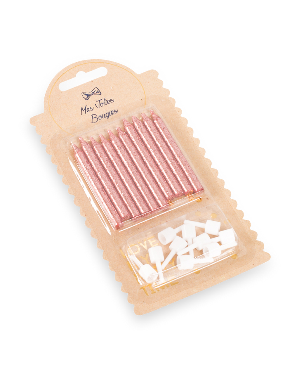 10 velas com suportes para aniversário em ouro rosa com purpurinas