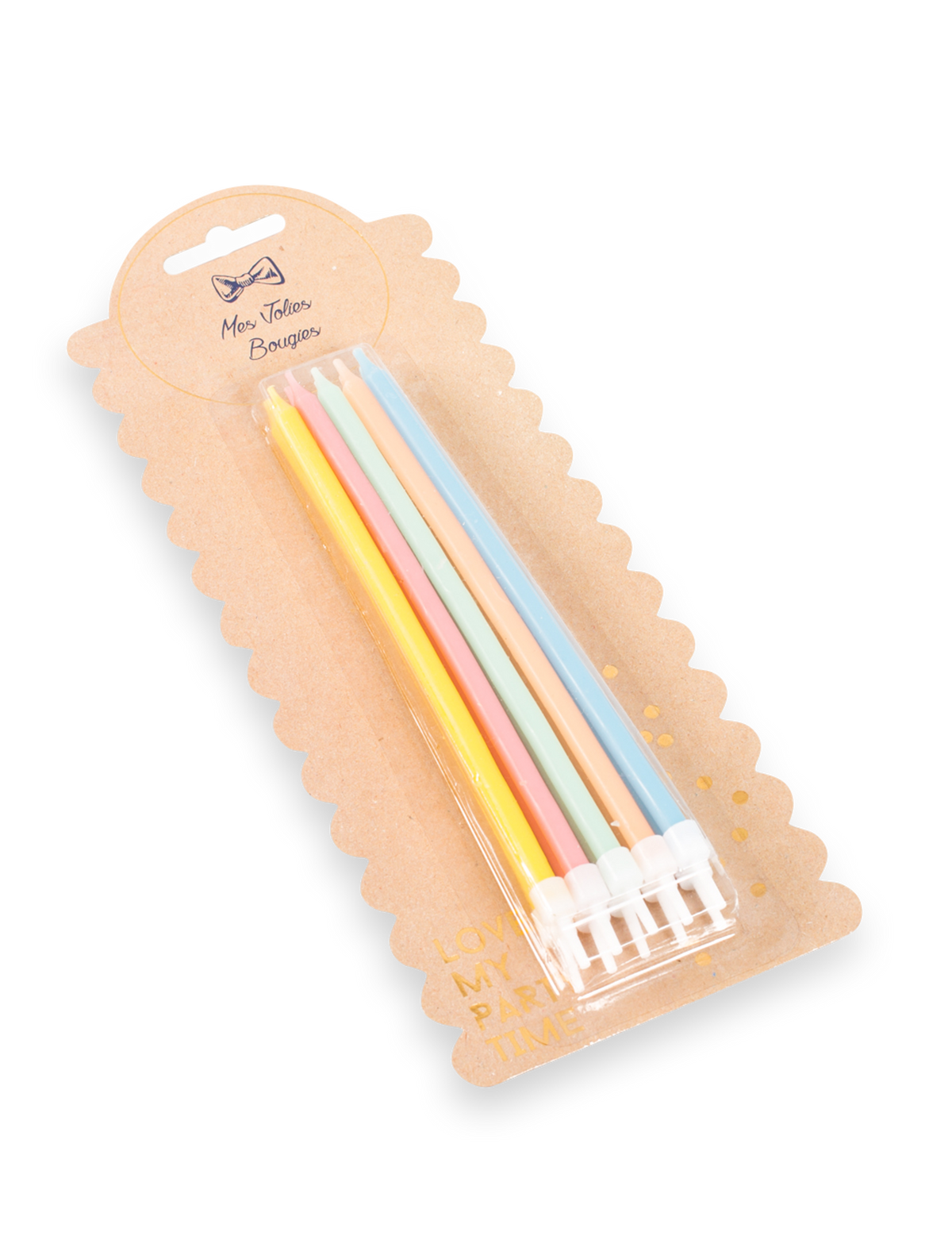 10 grandes bougies d'anniversaire pastel multicolores avec bobèches