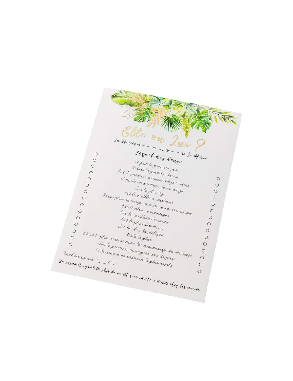 Cartas de jogo ele ou ela tropicais para animação de casamento marfim com dourado