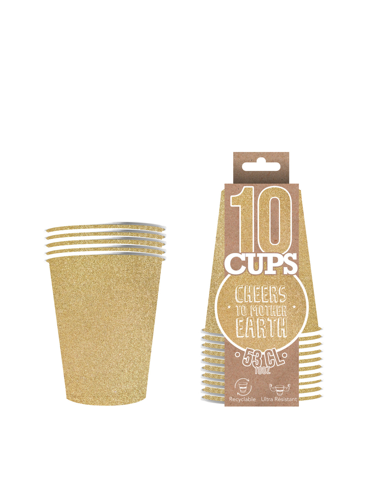 Vue du packaging des 10 gobelets américains scintillants pour fête or en carton recyclable