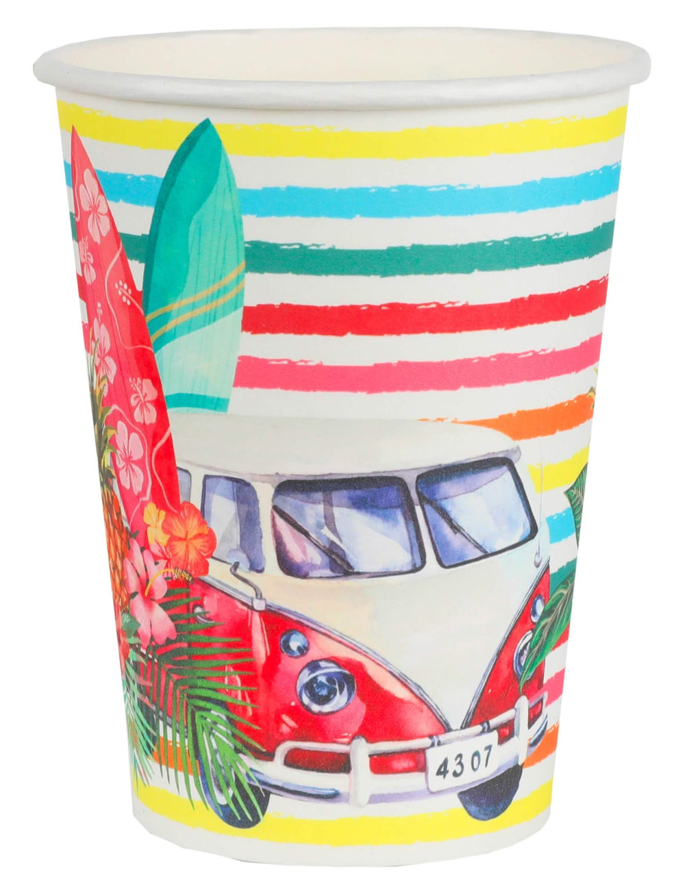 Copo de cartão Aloha multicores com motivo de carrinha vermelho e pranchas de surf