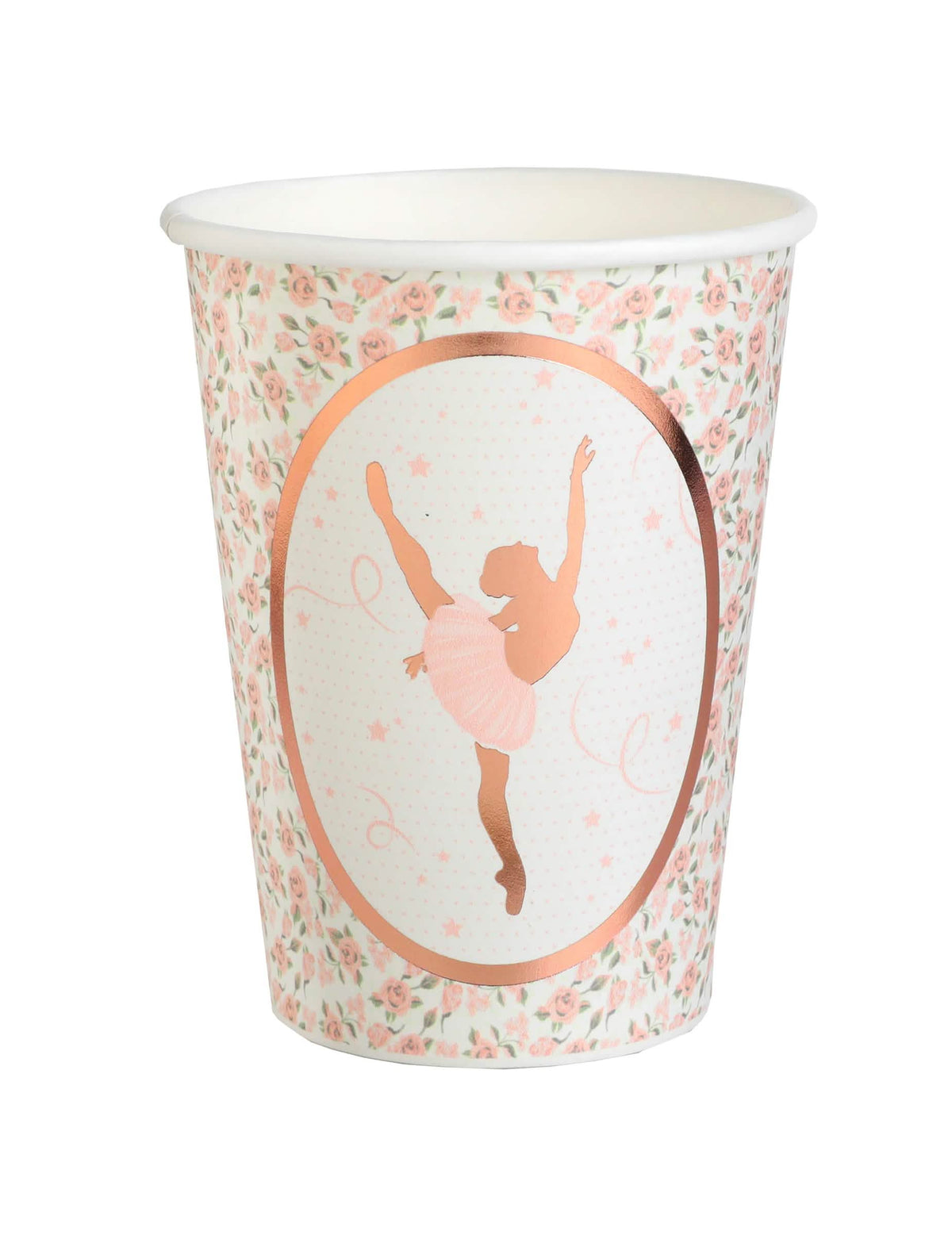 Copos de cartão bailarina ouro rosa com motivos de rosas