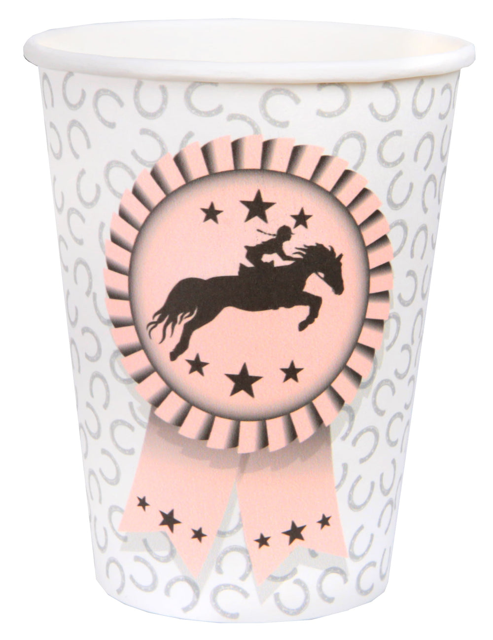 Gobelets en carton équitation motif fer à cheval blanc et rose