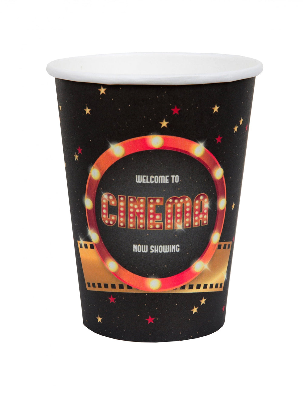 Gobelets en carton Hollywood pour fête noirs avec motif cinéma et étoiles dorées