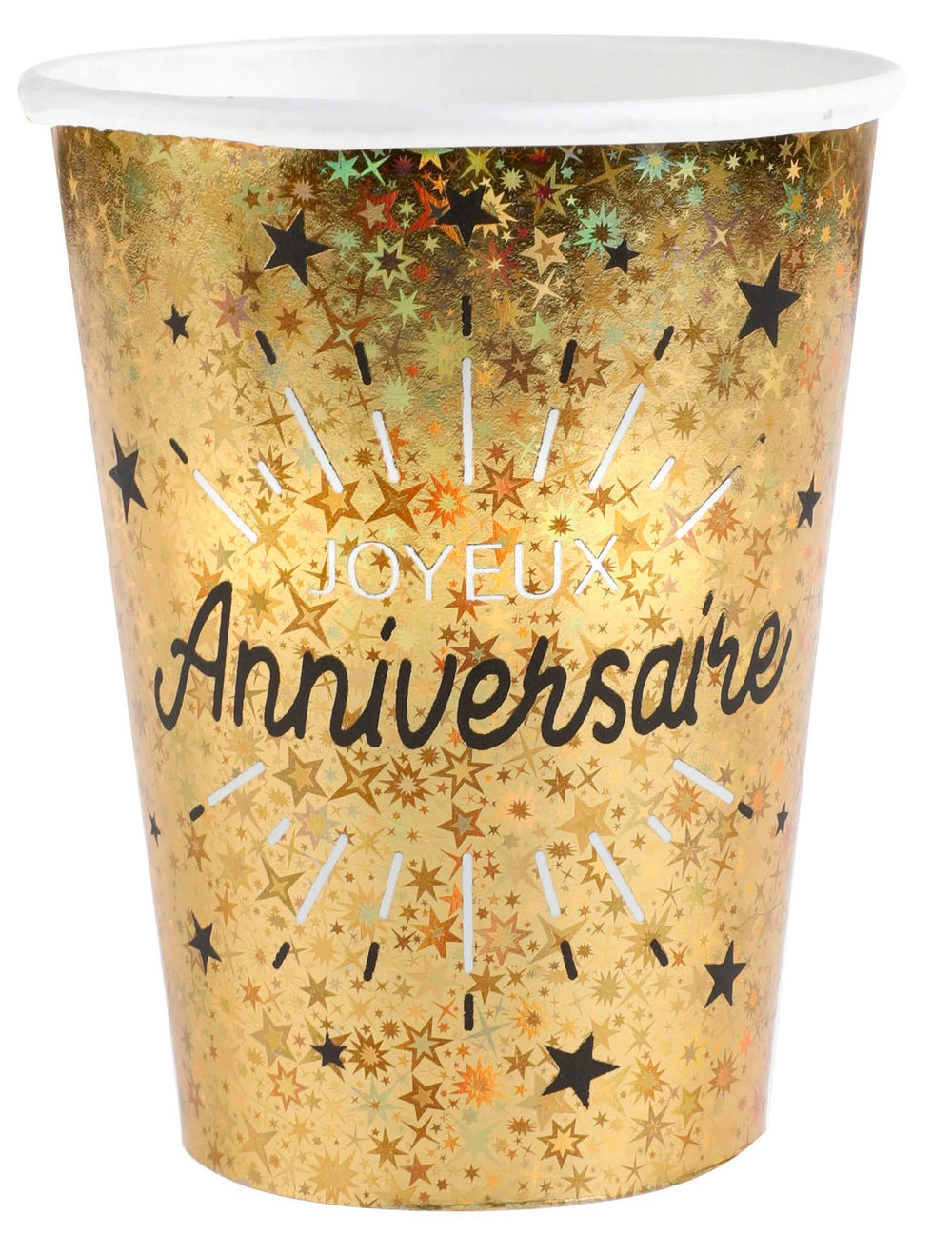 Copos de cartão Feliz aniversário para festa preto e dourado com motivos de estrelas