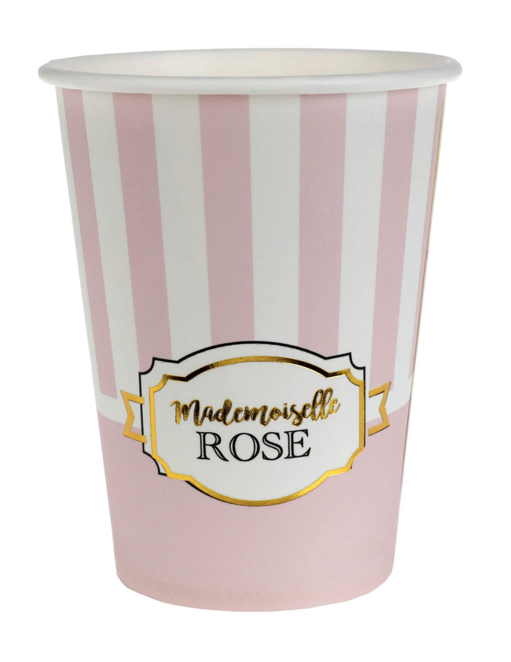 Copos de cartão Mademoiselle cor de rosa para baby shower às riscas cor de rosa e brancos