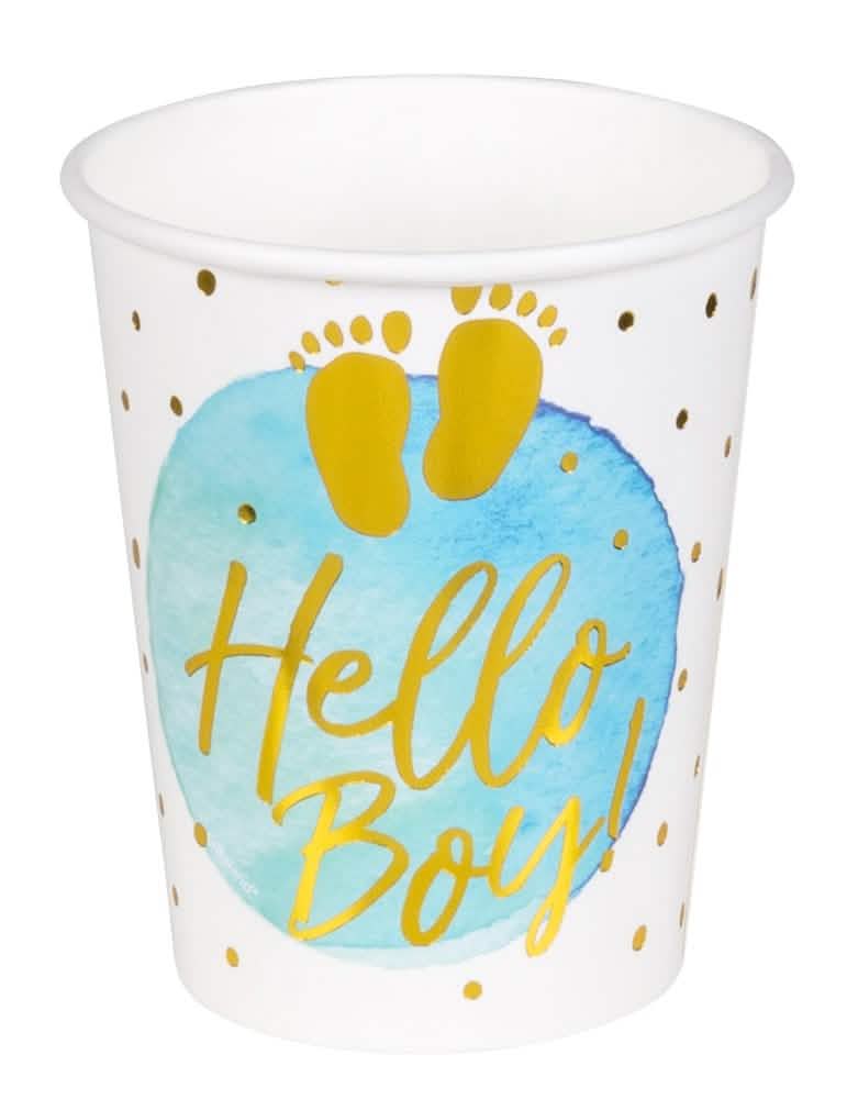 Copos de cartão Hello Boy para baby shower azul e dourado com bolinhas douradas