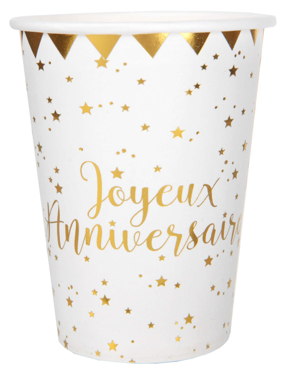 Copos de cartão de aniversário branco e dourado metalizado com estrelas