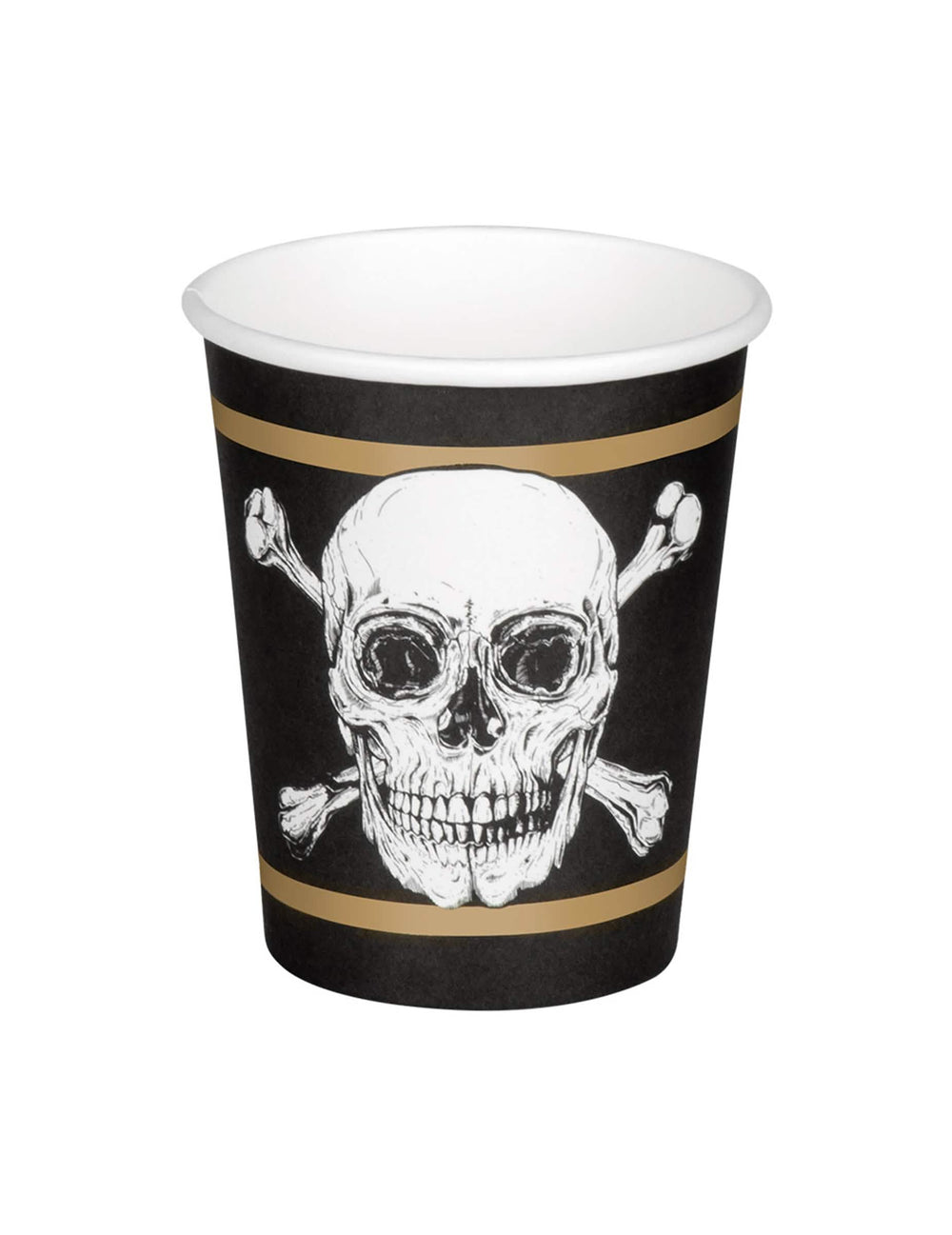 Vista frontal de um copo de cartão Pirate Jolly Roger