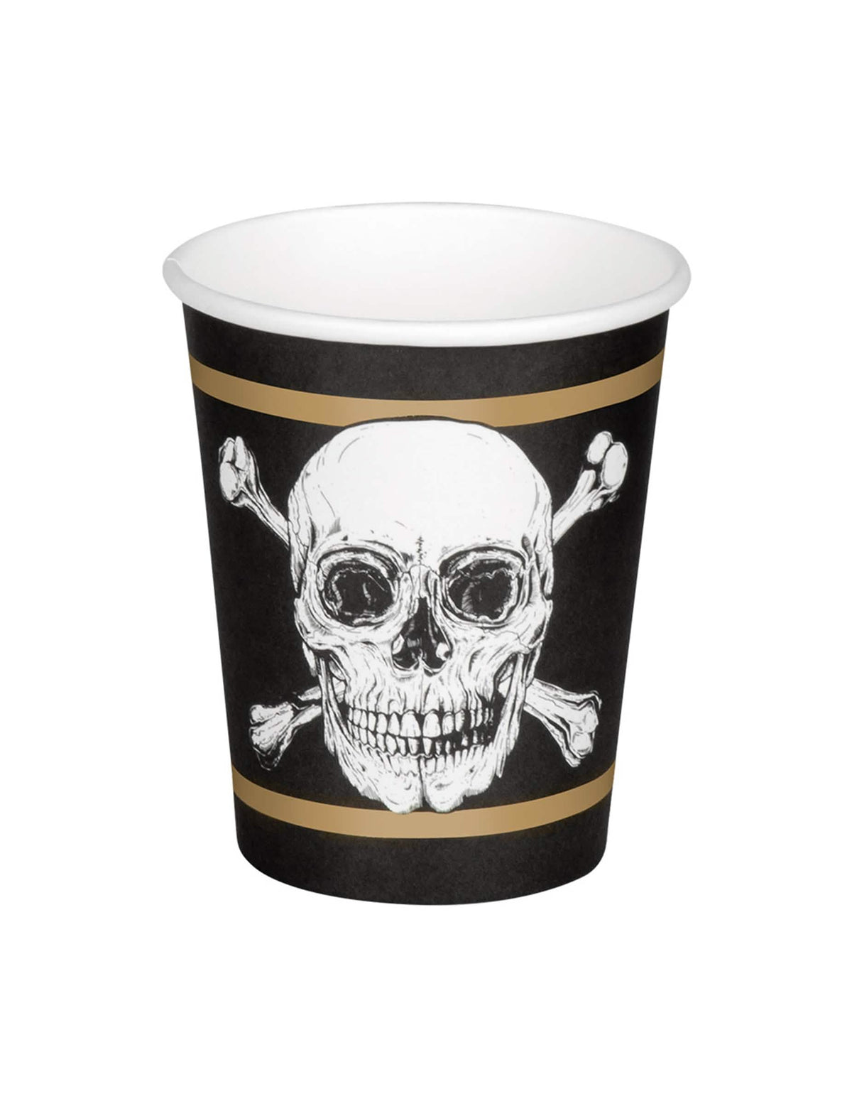 Vista frontal de um copo de cartão Pirate Jolly Roger