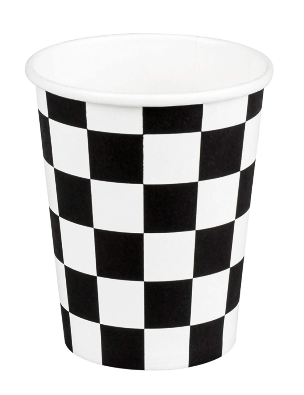 Copos de cartão racing para festa black and white com padrão xadrez
