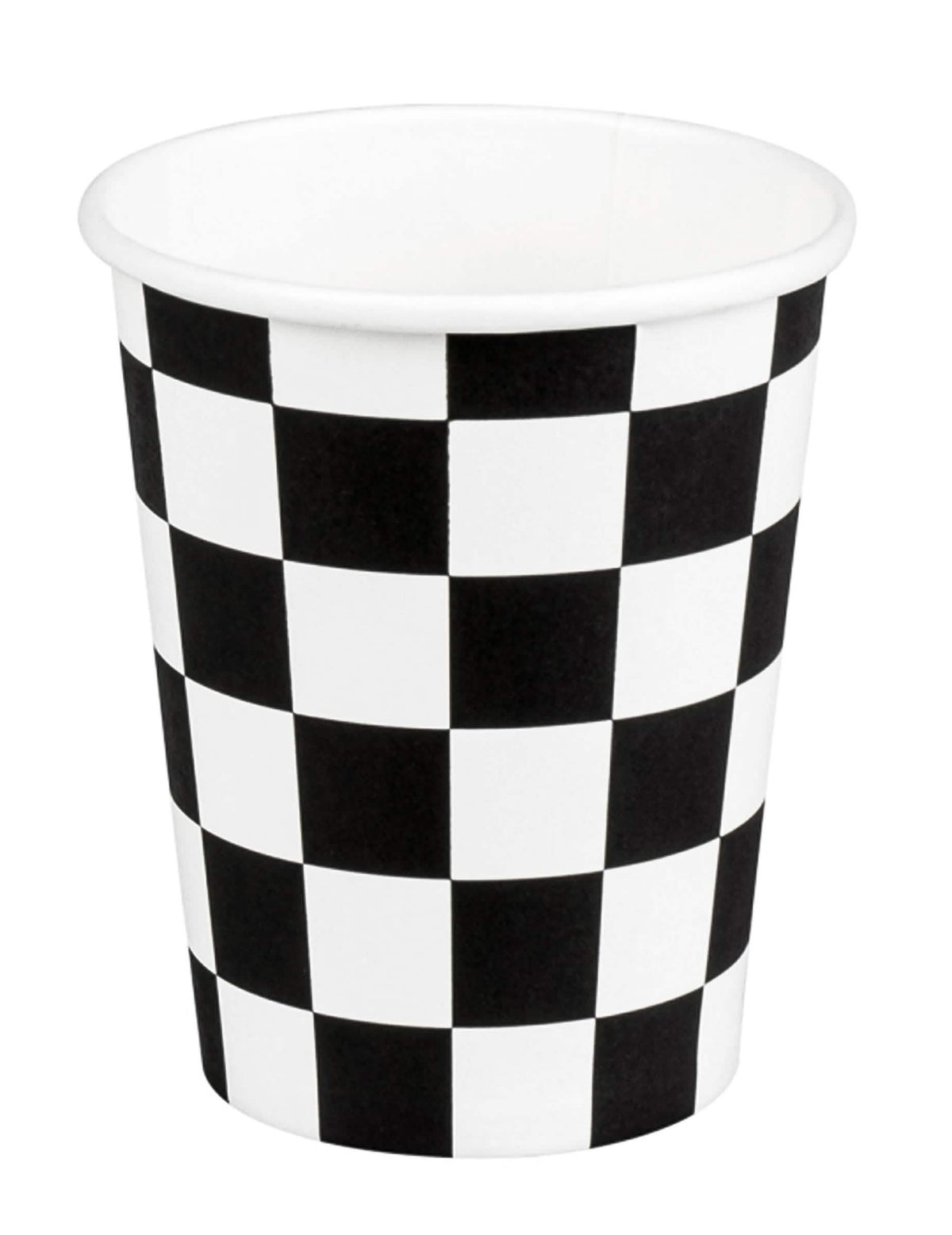 Copos de cartão racing para festa black and white com padrão xadrez