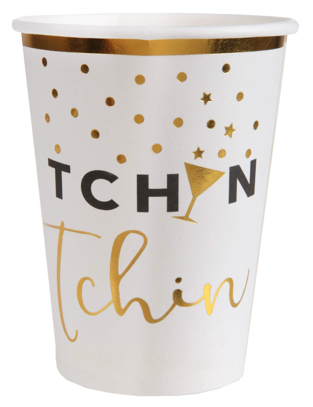Copos de cartão tchin tchin para festa branco e dourado