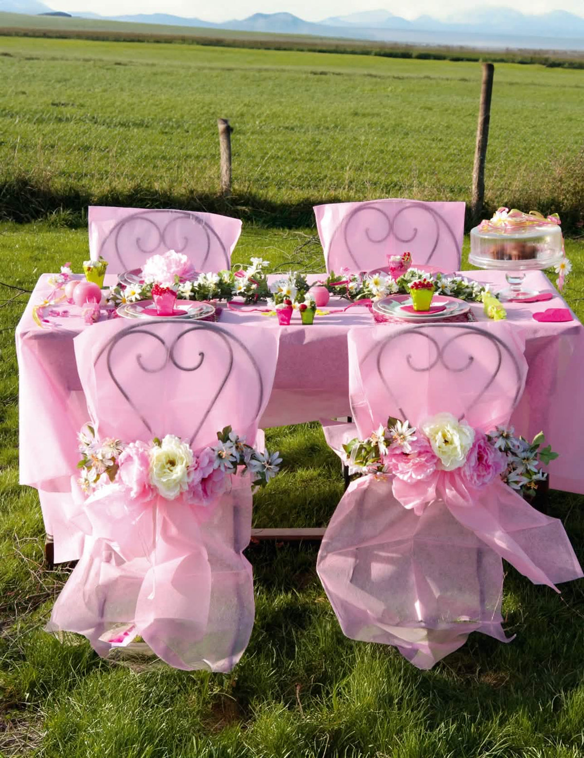 Vista geral campestre da capa de cadeira premium com laço para decoração de festa cor de rosa em não-tecido