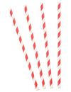 Mise en scène avec confettis des pailles en carton rayées pour boissons froides rouges et blanches
