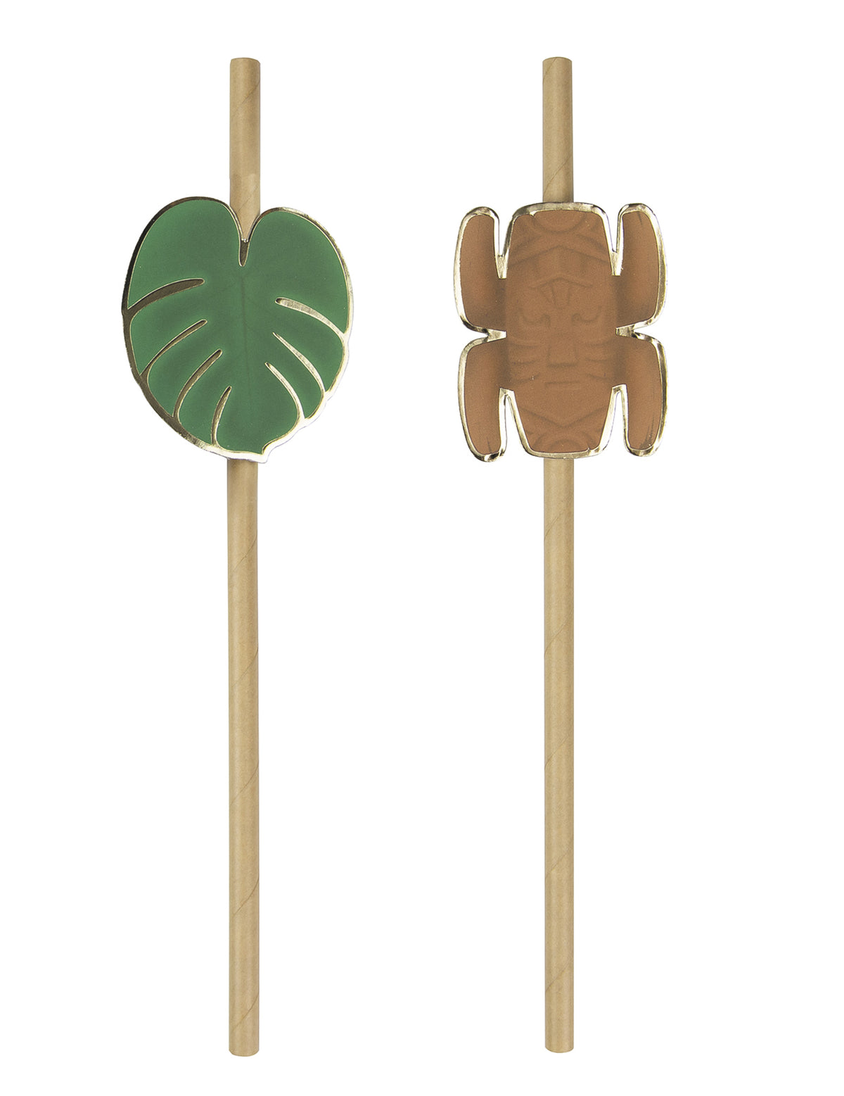 Pailles totem aventurier en papier kraft avec motifs feuille verte et totem marron