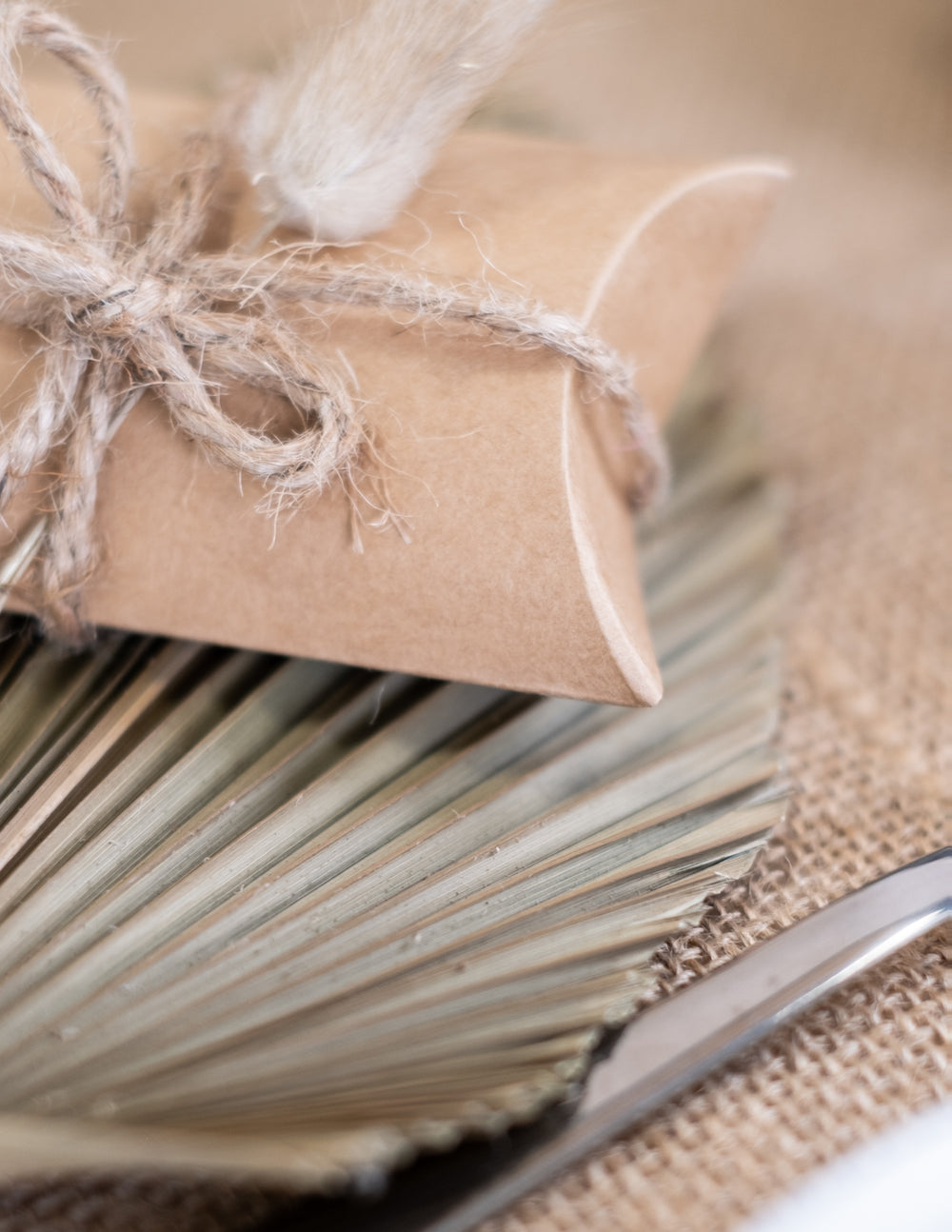 Gros plan sur le nœud en ficelle des petites boîtes kraft pour fête