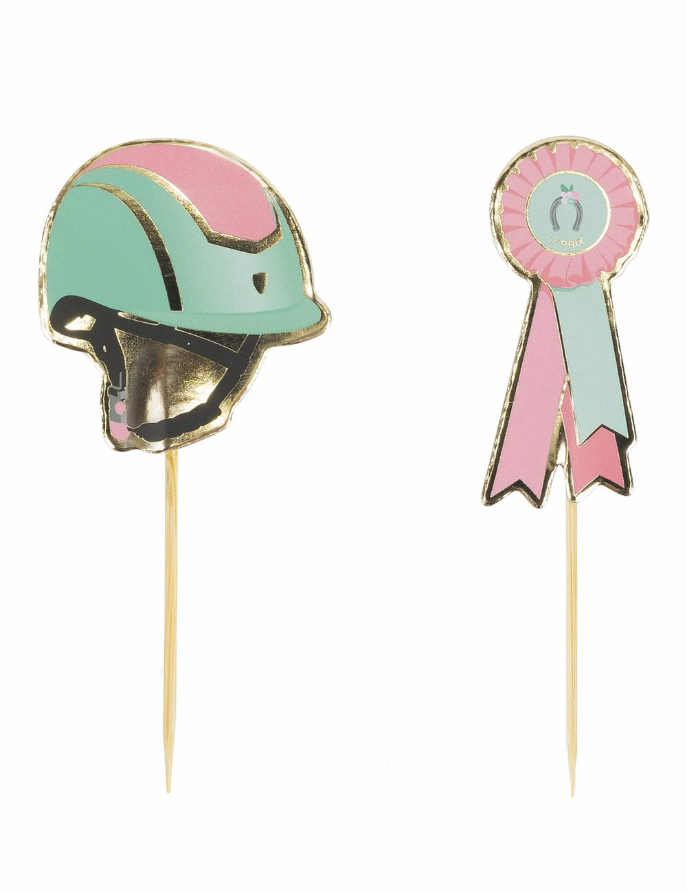 Palitos de cocktail cavalo equitação em madeira cor de rosa verde e dourado