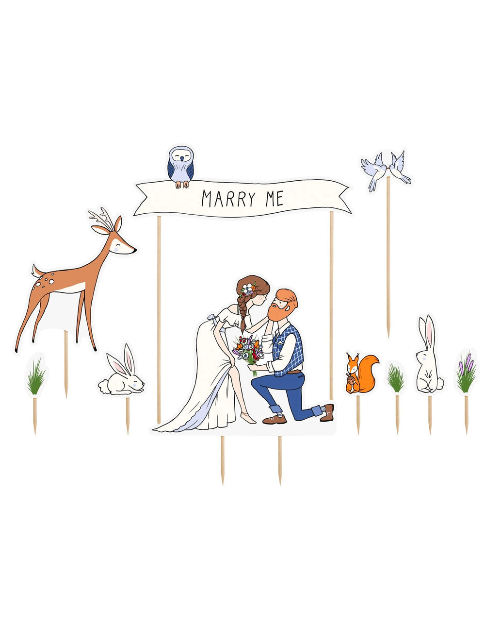 Topos para bolos de casamento nature multicoloridos para decoração campestre com animal da floresta
