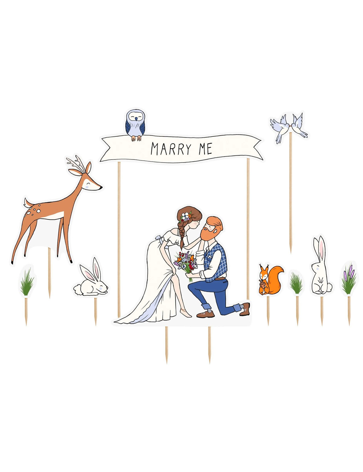 Topos para bolos de casamento nature multicoloridos para decoração campestre com animal da floresta
