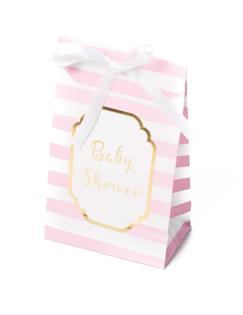 Saquinhos de oferta para baby shower cor de rosa e dourado às riscas com fita branca
