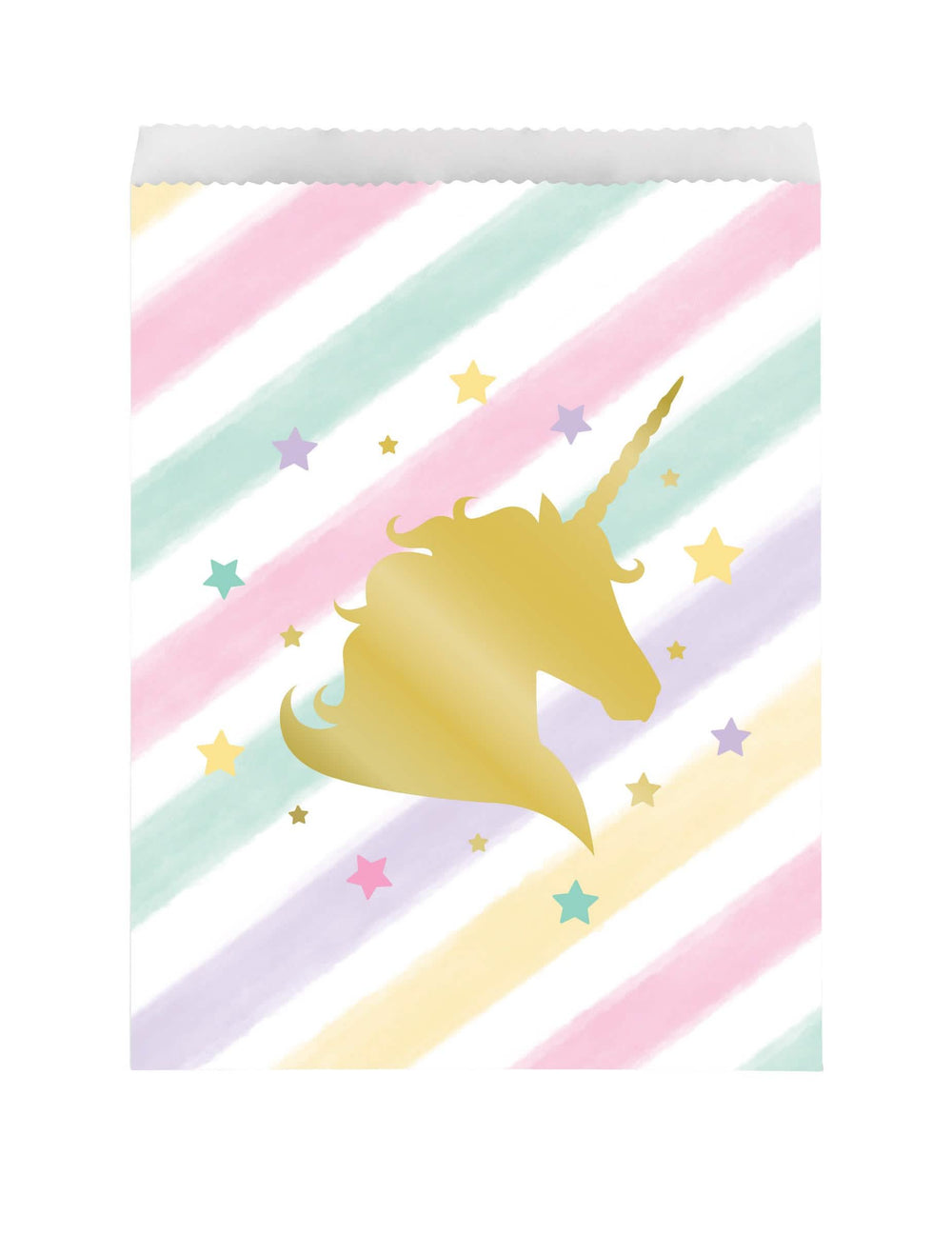 Saco de papel unicórnio estrelas pastel com silhueta dourada