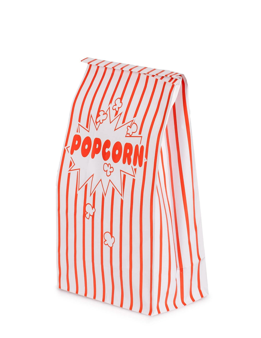 Vista de perfil do saco de papel de pipocas de cinema às riscas brancas e vermelhas