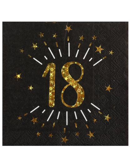 Serviettes papier joyeux anniversaire 18 pour fête noir et or avec étoiles dorées