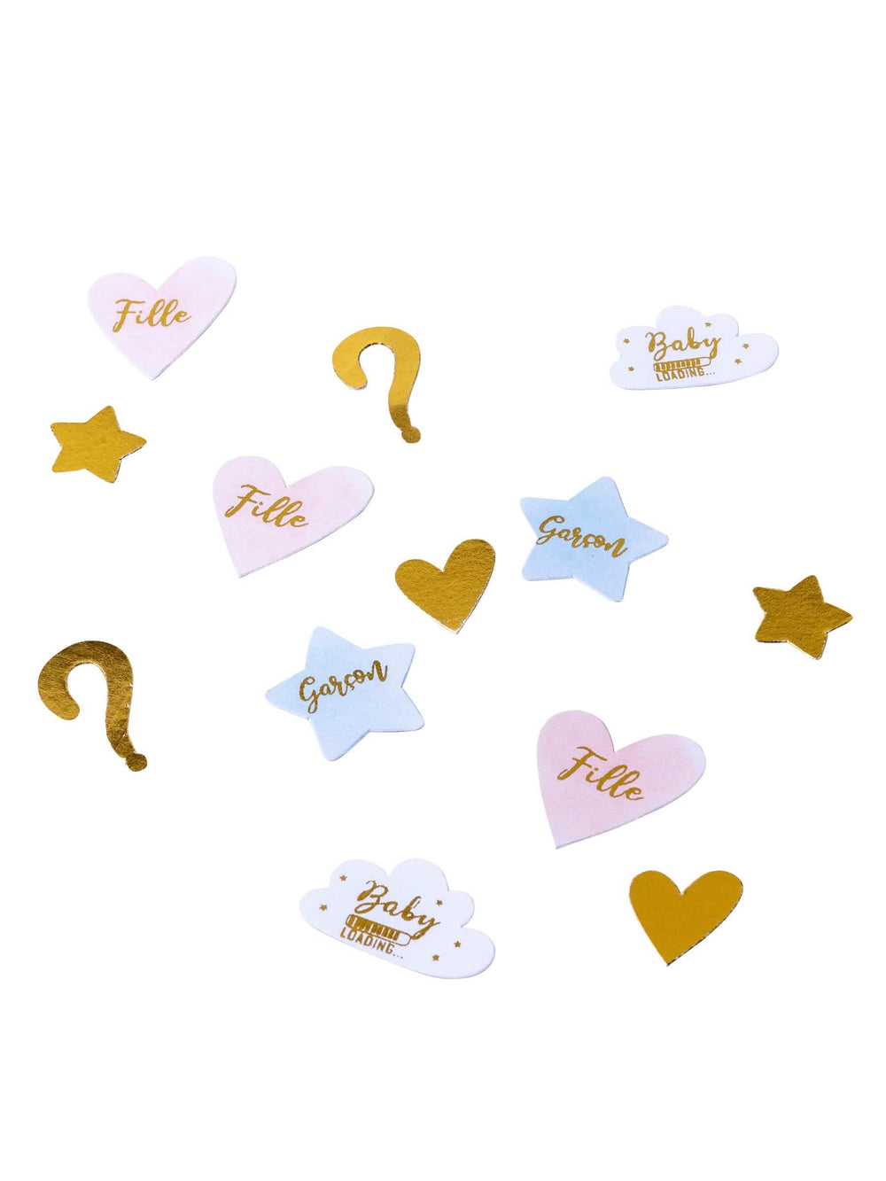 Confettis menina ou menino para gender reveal cor de rosa azul e dourado