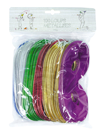 Vue de face de l'emballage du lot de 100 loups colorés métallisés pour fête multicolores